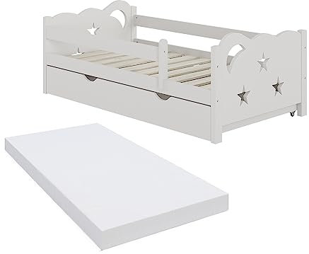VitaliSpa Kinderbett 70x140 cm Jessica mit Schublade und Matratze - Weiß 146x53x76 cm aus Holz - Holzbett perfekt für Kinder, Geborgenheit für eine Nacht voller schöner Träume