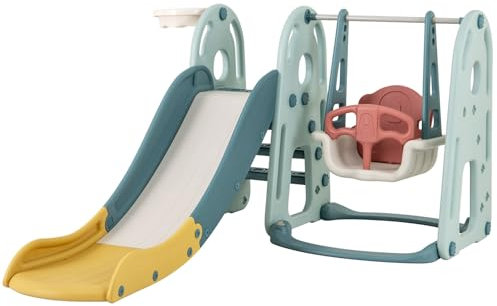 GOPLUS 4 en 1 Toboggan Exterieur Interieur Enfant avec Balançoire, Panier de Basket, Escalier, Ensemble de Jeu d'Intérieur pour 1,5 Ans, Charge 30KG Cadeau pour Garçons et Filles