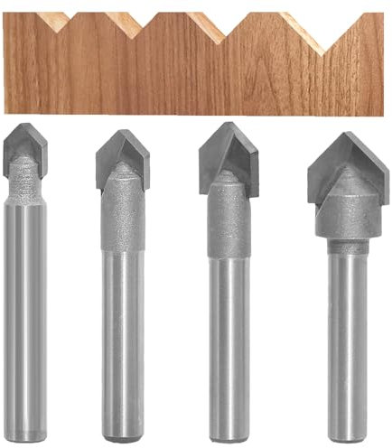 4pcs 90 Degree V Groove Router Bit Set, 1/4 Shank, Carbide Tips, V Grooving Cutters for Wood Carving, Engraving & Signmaking - Cut Dia. in 1/4”, 5/16”, 3/8”, 1/2