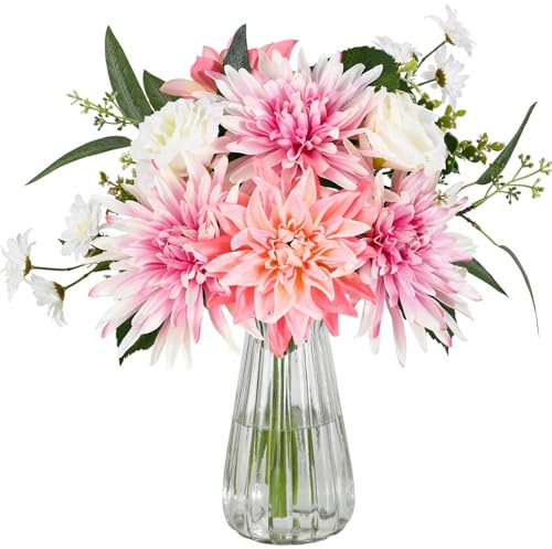 FLORRALIA Artificial Flowers with Vase – Faux Silk Dahlia & White Roses Floral Arrangement, Elegant Fake Flower Bouquet for Wedding, Home Décor, Dining Table Centerpiece, Office, Farmhouse Decoration