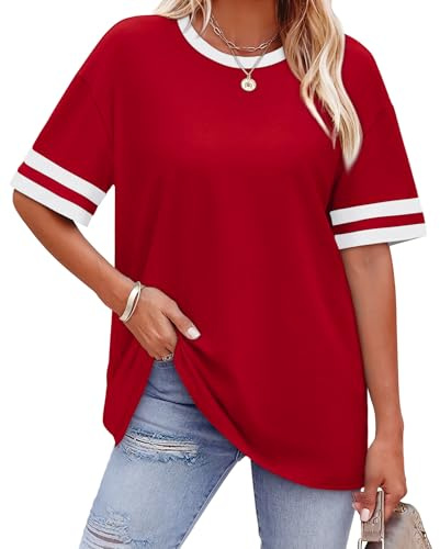 WIHOLL Plus Size Tops for Women T Shirts Crew Neck Summer Sports Style Color Block Sleeve Tee Plain Clothes Spring Outfits for Women Womens Clothing Plus Size Fashion Resort Wear Deep Red 2XL