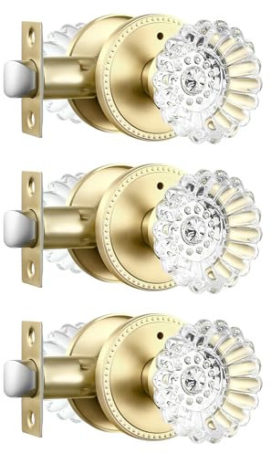 Leydebong 3 Pack Gold Door Knobs Interior, Glass Bedroom/Bathroom Door Knob with Lock, Privacy No Key Door Knobs with Fluted Glass Door Knob with Victorian Plate Rosettes