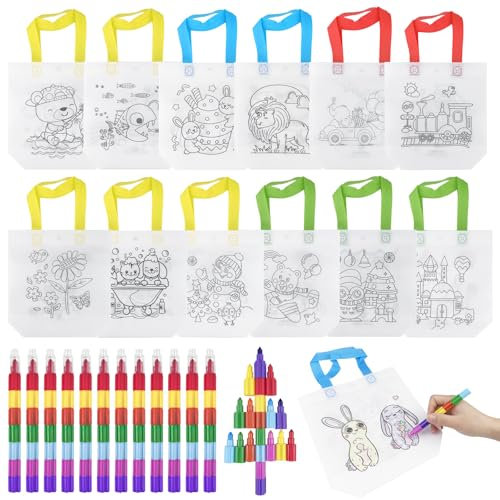 Lixiluxia 12 Stück Taschen mit 12 Pcs Stapelbare Wachsmalstiften (7 Farben in 1) für Kinder, Stoffbeutel Set