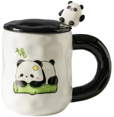 Huiyiwert Süße Panda Tasse mit Deckel und 3D Panda Löffel Teetasse 450ml große Kaffeetasse Neuheit Pandabär Geschenktasse Keramik Kaffeebecher für Frauen Freunde Kinder (Streckt-Panda)