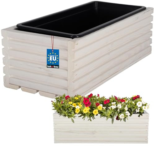 KOTARBAU - Jardinera de madera, 44 x 20 cm, con maceta interior, color blanco, para balcón, jardín, terraza, incluye inserto