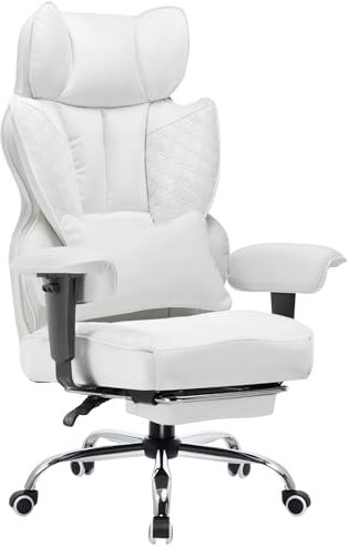 COMHOMA Gaming Stuhl, ergonomischer Bürostuhl, Schreibtischstuhl mit verstellbare Armlehnen, Taschenfederkern-Lendenwirbelstütze für große und hohe Personen, 150 kg, breiter Sitzfläche, weiß