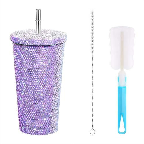 750ml Rhinestones Tumbler With Handle & Stainless Steel Straw Glitter Water Bottle, Shiny crystal Insulated Bling Cup With Lid Brush for Women Travel Outdoor Portable Fashion Reusable Mugs (Purple)