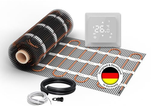 Elektrische Fußbodenheizung für Fliesen: Zweiader-Heizmatte WARMON ULTRA 200 W/m² inkl. Thermostat mit Bodensensor, Thermostat:Ohne WLAN Weiß, Mattengröße:10 m²