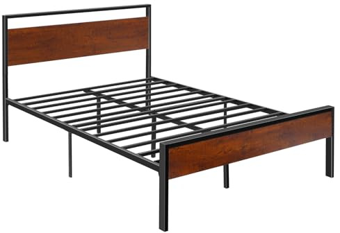 VEVOR Full Size Bed Frame, 14 Inch Black Metal Platform | Retro Brown Wooden Headboard and Footboard, Large Under-Bed Storage, Non-Slip Without Noise, No Box Spring Needed
