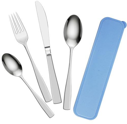Camping Besteck, 4 Stück Reisebesteck Edelstahl mit Etui, Portable Campingbesteck 1 Person, Messer Gabel Löffel Set Spülmaschinenfest, Ideal für Reisen, Outdoor, Picknick, Schule, Büro