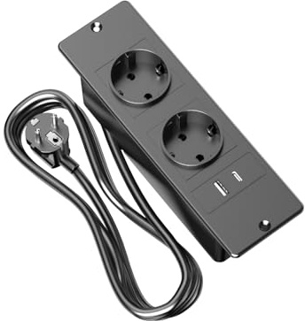 Regleta de enchufe empotrada con protección contra sobretensiones, toma de corriente de mesa retráctil con 2 enchufes a tierra, 1 USB-A + 1 tipo C, cable de 1,5 m, toma de corriente para muebles para
