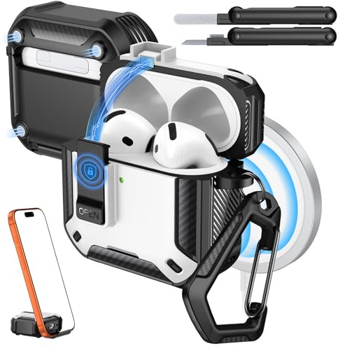 MoKo Custodia per AirPods 4 / AirPods 5 (2024/2026), con Chiusura | Compatibile con MagSafe, Supporto per Telefono & Pop-up Auto per Custodia AirPod 4a Gen, Copertura Protettiva con Kit Pulizia