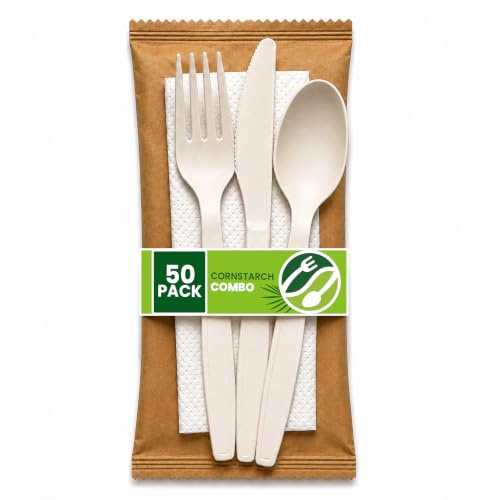 Cornstarch 4-in-1 Cutlery Set 50 Packs | Eco-Friendly Disposable Pack with Fork, Knife, Spoon & 2Ply Napkin | 50 Individually Wrapped, Biodegradable & Plastic-Free | for Takeaway, Catering & Events
