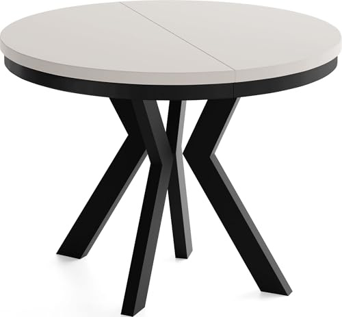 Runder Esstisch Ausziehbar 100-300 cm XXL Groß – Verlängerbar, für 5-14 Personen mit Schwarzen Holzbeinen & Metallring – Tisch für Wohnzimmer & Esszimmer in Kaschmir