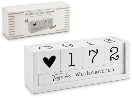 Premium Holz Countdown Kalender mit 8 Motiven | Tage bis Urlaub, Hochzeit, Geburt, Rente, Geburtstag | Dauerhafter Tischkalender mit Zahlenwürfeln & Herz | 3 Farben: Weiß, Natur, Schwarz (Weiss)