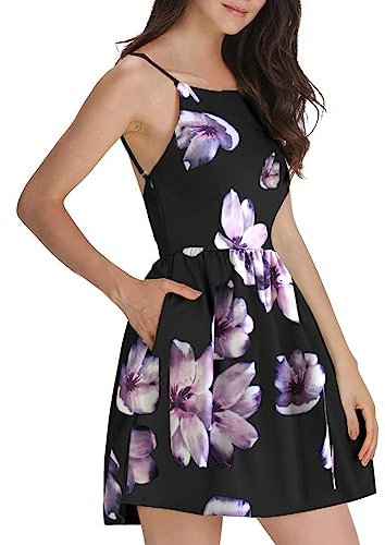FANCYINN Robe de Femme Courtes sans Manches Spaghetti Strap Imprimé Mini Casual Robe,Violet Floral,L