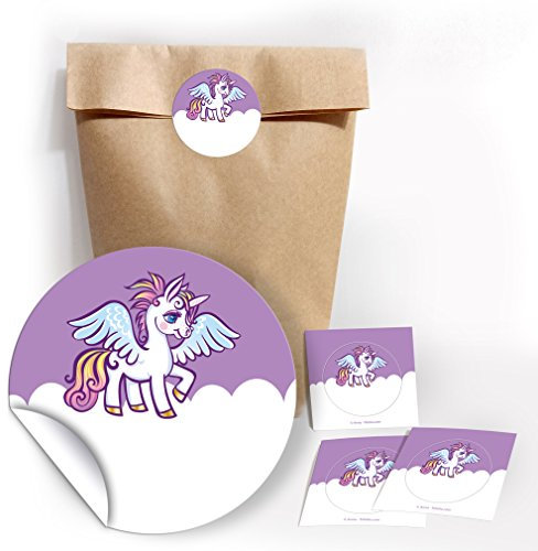 12 Party-Tüten aus Kraftpapier mit 12 Aufkleber  Einhorn/lila für Geschenke oder Mitgebseln beim Kindergeburtstag/Hochzeit/Geburtstag/Taufe/Kommunion/Konfirmation/Kinderfest