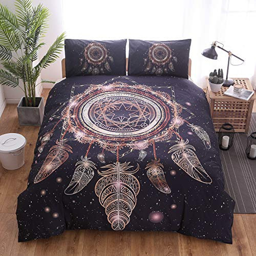 OldPAPA Bettwäsche Mädchen, 3 Stücke Weiche Druck Bettbezug Set Tröster Bettbezug Mandala Böhmischen Bettwäsche Set, Traumfänger Federn Muster