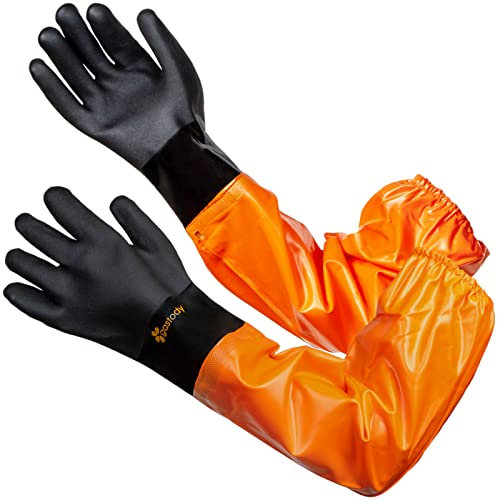 Gastody Chemikalienbeständige Handschuhe, extra lang, L 69,8 cm, Gummihandschuhe, strapazierfähig, lange Gummihandschuhe, PVC, wasserdichte Handschuhe mit Baumwollfutter für Fischereimaschinen,