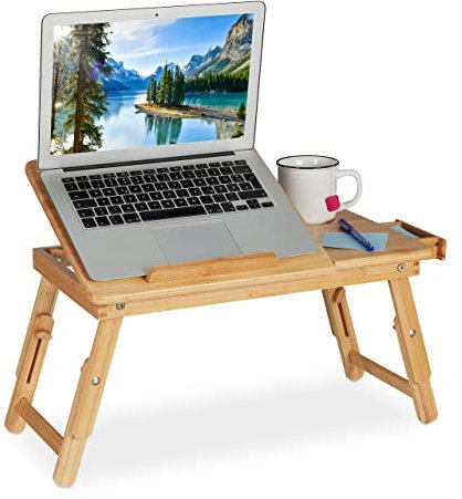 Relaxdays Laptoptisch, klappbarer Betttisch aus Bambus, höhenverstellbar & neigbar, Lüftungsschlitze & Schublade, natur, 1 Stück