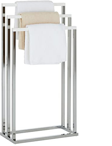 Handtuchhalter EDOARDO, platzsparender Handtuchständer mit 3 Badetuchstangen, schöner Badetuchhalter Metallgestell verchromt, edle Handtuchstangen aus Kiefer in weiß