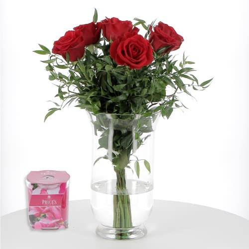 KENTIS - Bouquet 6 Rose Rosse con Candela Magnolia - Mazzo Fiori Veri e Freschi a Domicilio con Regalo Extra Spedizione Gratuita e Veloce Idea Regalo San Valentino per Lei