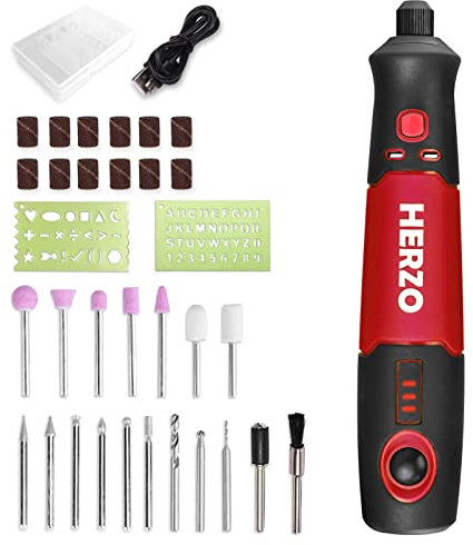 HERZO Strumento Multifunzione Senza Fili,mini trapano elettrico rotativo senza fili,USB Ricaricabile e 32 Accessori,3 Velocità Variabile 5000-15000RPM per lucidatura/intaglio/taglio,Red