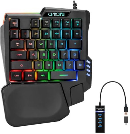 CHONCHOW Tastiera da gioco con una mano, 35 tasti, LED arcobaleno, USB cablata, ergonomica, con poggiapolsi, mini portatile, compatibile con PS4/PS5/Xbox/PC/laptop