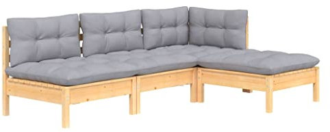 vidaXL Kiefernholz Gartenmöbel 4-TLG. mit Grauen Kissen Ecksofa Mittelsofa Fußhocker Sitzgruppe Sofa Lounge Garten Garnitur Gartenset Gartensofa