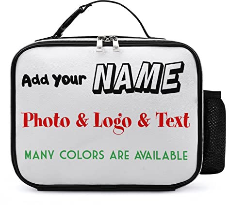 Personalised Lunch Box for Boys Girls, Custom Lunch Bag for Adults Kids with Photo Name Text, Portable Insulated Leather Meal Bag with Water Bottle Holder & Zippers