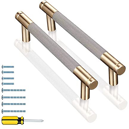 GTKHAAPPY Cabinet Handles 12-Pack 6.2'' Modern Grey & Gold Aluminum Cabinet Pulls Knurled Diamond Pattern Drawer Hardware for Kitchen Cupboard Door and Bathroom (5 Hole Center)