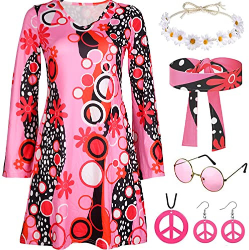 YADODO Hippie kostüm Damen Kleid Set Mit 60er 70er Jahre Bekleidung Damen Kleid Hippie Kleidung Accessoires Disco Outfit Kostüm Frauen 70er Mode Faschingskostüme für Karneval Party(S)