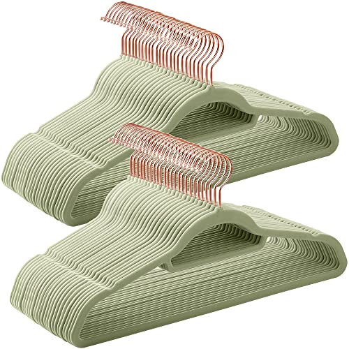 SONGMICS Velvet Hangers, Set of 50 Clothes Coat Hangers, Non-Slip, with Tie Bar and 360° Swivel Hook, Space-Saving, 43.5 cm Long, for Dresses Trousers, Rose Gold and Lime Green CRF021GR50