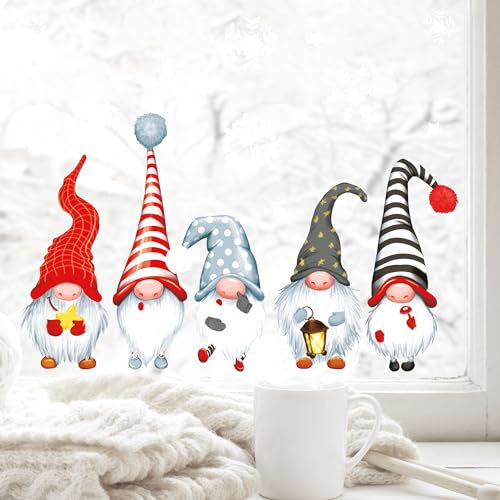 Wandtattoo Loft Fensterbilder Weihnachten mit 5 Wichteln und Schneeflocken – Wiederverwendbar – A2 Bogen, 38 Sticker – Weihnachstdeko Fenster Kinderzimmer, Weihnachtsbilder Fenster, Fensterbild Winter