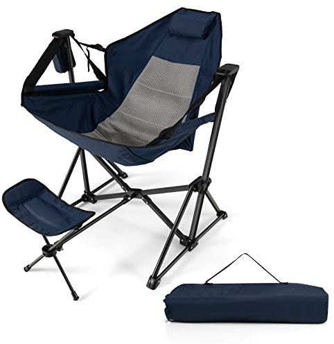 TANGZON Hammock Camping Chair, Folding Swinging Chair Recliner with Adjustable Backrest, Headrest, Cup Holder & Carry Bag, Portable Hiking Seat(with Retractable Footrest, Navy)