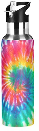 Tie Dye Rainbow Water Bottle for Girls Boys Stainless Steel Drink Flask Straw Vacuum Insulated Leakproof Thermos for Sports 600 ml