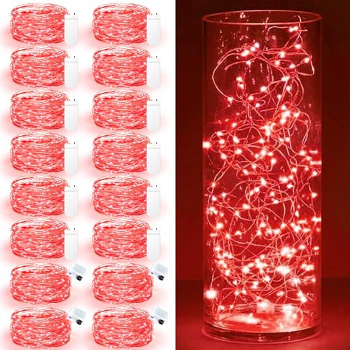 Maxee 16 Stück 3M Rot LED Lichterkette Batterie, Wasserdicht für DIY, Party, Stimmung Lichter, Weihnachtsdeko, Innen- und Außenbereich Deko, 4 Stück Quadratische + 12 Stück Flache Lichterkette