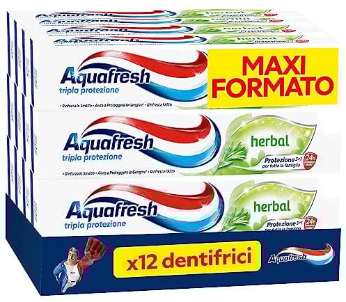 Aquafresh Herbal Triple Protection Zahnpasta für die ganze Familie, gesundes Zahnfleisch, frischer Atem, starker Nagellack, Kräutergeschmack, 12 x 75 ml