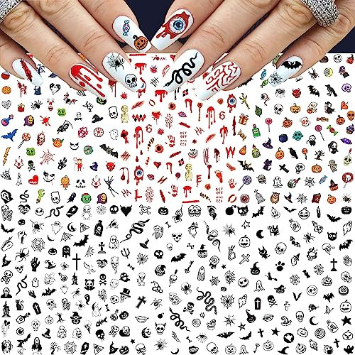 COKTAK 6 Blatt Halloween Nagelsticker Selbstklebend Schwarz Bunt Nail Art Sticker, Nagelaufkleber Narben Wunden Blut Schädel Skizze Geist Muster, Nagel Sticker Halloween Kostüm Zubehör Nägel Aufkleber