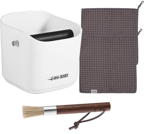 MHW-3BOMBER Coffee Knock Box Espresso Dump Bin 15 Tassen 1.2L mit Kaffee Reinigungsbürste,2Pcs Kaffee Bar Handtuch Kaffee Reinigungsset B5968W+B5335+CT5300G