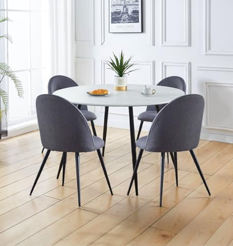 Hallowood Furniture Cullompton 120cm Round Dining Table and Chairs Set 4 | White Marble Effect Top Kitchen Table with 4 Chairs, Curved-back Chair with Grey Fabric Seat, Dining Set for Home and Cafe