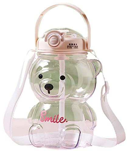 Generic 1000ml Large Kawaii Bear Shaped Water Bottle with Straw and Strap Cute Portable Bear Drinks Bottle for Daily Sports Working