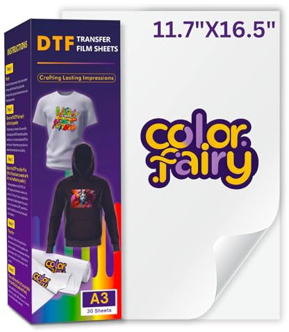 Colorfairy DTF Transferfolie, 29,7 x 41,9 cm, 30 Blatt, A3, doppelseitig, mattes PET-Wärmetransferpapier, universell für alle T-Shirts und dunkle Stoffe, lebendige Farben, leicht abziehbar, heiß/kalt