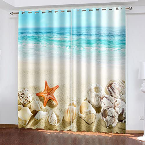 Gardinen Blickdicht 3D Kreative Strandmuscheln Druck Verdunkelungsvorhang Mit Ösen - Thermo Vorhänge 2Er Set Für Schlafzimmer Wohnzimmer, Vorhang Kinderzimmer Mädchen Junge 220X218Cm (Bxh)