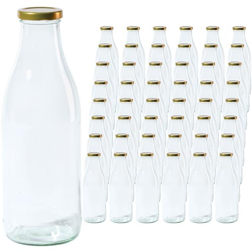 Vitrea 48 leere Glasflaschen 1 Liter Schraubverschluss Gold - Milchflaschen, Saftflaschen, große Flaschen zum Befüllen mit Deckel - für Milch, Saft, Smoothies, Öl - 48 Stück, TO48, Milch