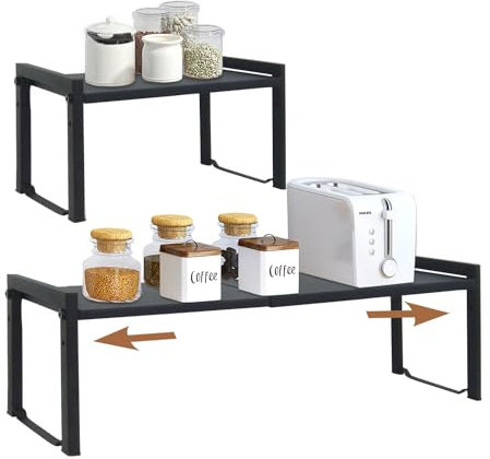 Erweiterbares Schrankregal,66 cm,stapelbarer Küchenthekenregal-Organizer,Küchengewürzregal,Speisekammerregal,verstellbarer Schrank-Organizer,Aufbewahrungsregal für Küche und Büro(2er-Pack schwarz M)