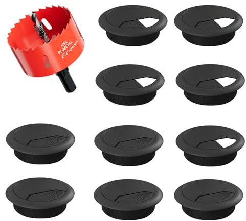 Lot de 10 Passe-Câble avec Scie Cloche - 60 mm de diamètre - Cache-câble pour Câble Rond, Organiseur de Fil pour la Maison et Le Bureau, Noir
