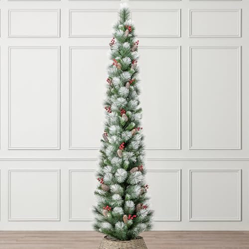 Christow 7ft Pencil Christmas Tree with Snow Pine Cones & Berries, Luxury Artificial Slim Spruce with Stand, Indoor Home Decoration, Natural Looking PE & PVC Needles (tree skirt not included)