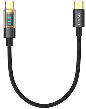 RAVIAD Cable USB C a USB C Carga Rapida Corto 100W, 50CM Cable Cargador Tipo C PD 5A QC3.0 con E-Mark Chip Cable Tipo C para iPhone 16/15 Pro, Samsung Galaxy S24 S23, MacBook, Pad, Google Pixel-Negro