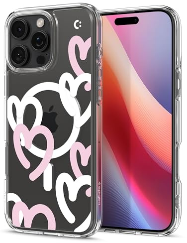 Spigen iPhone 16 Pro Hülle Ultra Hybrid MagFit -Hearts White Pink | Kompatibel mit MagSafe, DuraClear Tech, Anti-Yellowing, Air Cushion Tech, Militär-Grade Schutz, Spigen Signature Serie